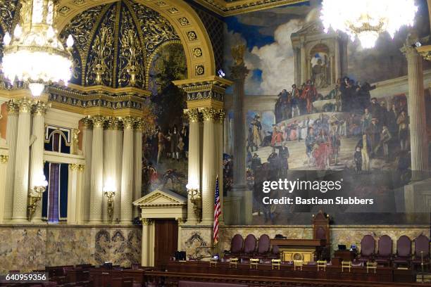 harrisburg, pa, usa - december, 19, 2016; interior view on a part of the rear wall of the house of representatives at the state capitol in harrisburg, pennsylvania. - pennsylvania capitol stock pictures, royalty-free photos & images