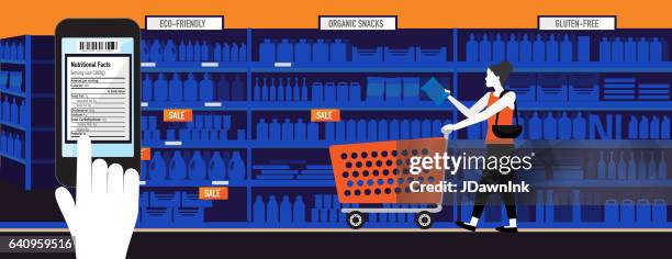 young woman shopping with smart phone nutritional label - nutritional information stock illustrations