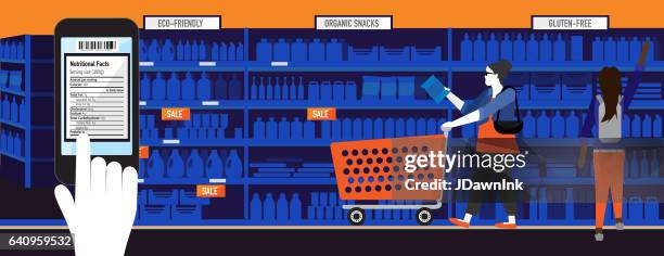 stockillustraties, clipart, cartoons en iconen met moderne plus size vrouw met slimme telefoon voeding label app - supermarket