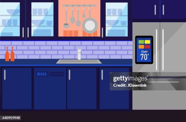 smart home concept kitchen with mobile appliance technology - inside refrigerator stock illustrations