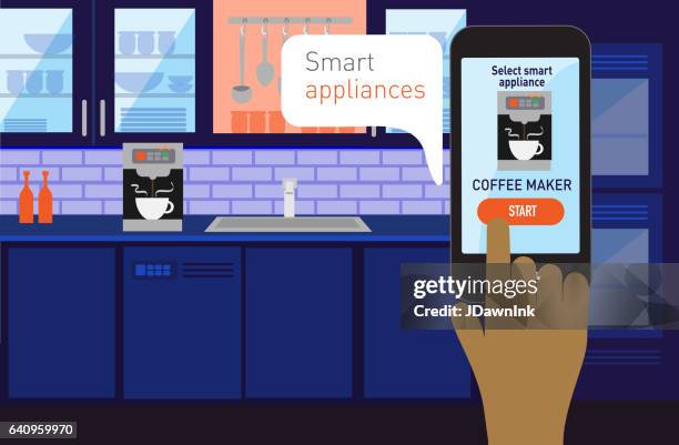 smart home concept kitchen with mobile appliance technology - smart coffee maker stock illustrations