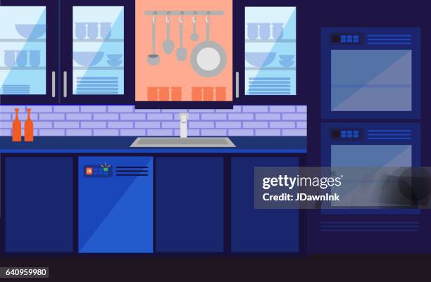 smart home concept kitchen with mobile appliance technology - smart kitchen home stock illustrations