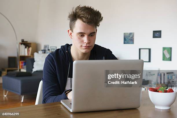 teenage boy using laptop on table at home - teen computer fotografías e imágenes de stock