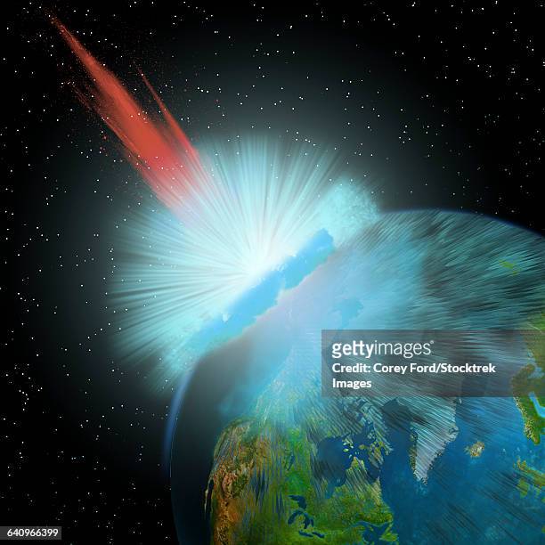 ilustrações, clipart, desenhos animados e ícones de an asteroid hits planet earth near the north pole causing enormous damage to surrounding areas. - violencia fisica