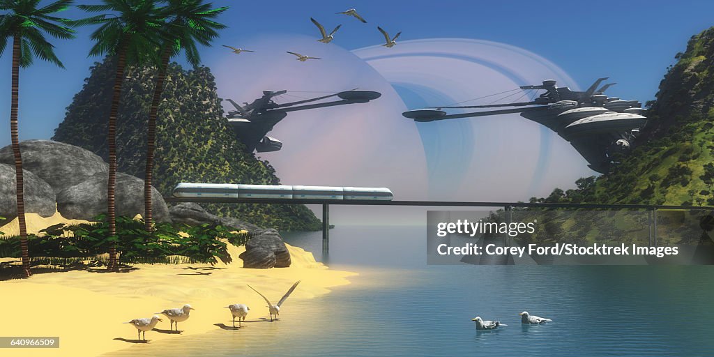 A futuristic, tropical paradise colony on Enceladus, one of Saturns moons.