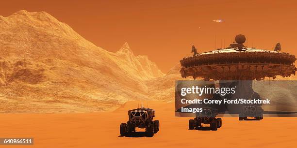 ilustraciones, imágenes clip art, dibujos animados e iconos de stock de all-terrain vehicles embark on an exploratory mission across mars. - mision