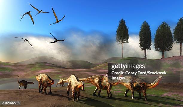 a flock of rhamphorhynchus pterosaurs fly over a herd of dicraeosaurus dinosaurs leaving a watering hole. - pool above stock illustrations