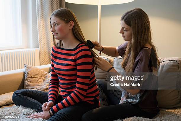 young woman brushing sisters hair at home - combing fotografías e imágenes de stock