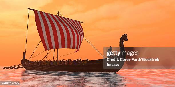 stockillustraties, clipart, cartoons en iconen met a viking longboat sails through calm ocean waters to their destinations for trade goods. - vikingschip