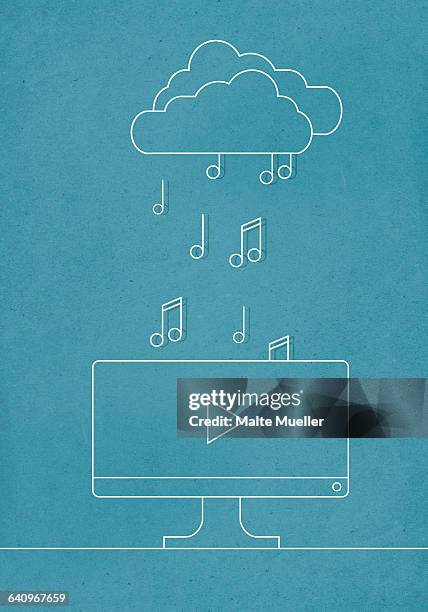 music downloading in computer against blue background - computer network icon stock illustrations