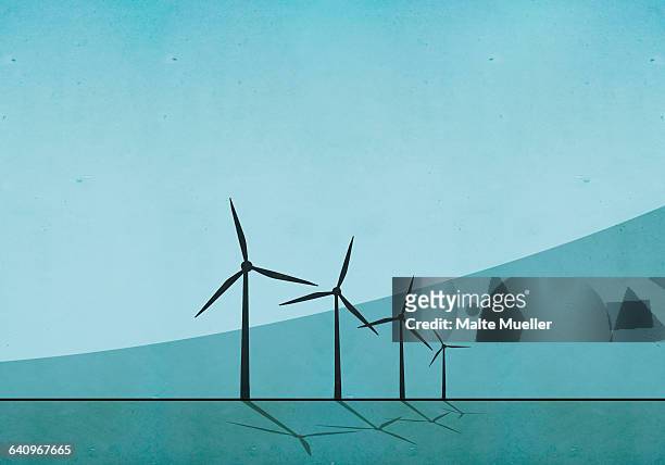 windmills against blue background - windkraftanlage stock-grafiken, -clipart, -cartoons und -symbole