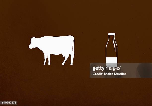 stockillustraties, clipart, cartoons en iconen met cow and milk bottle against brown background - zuivelboerderij