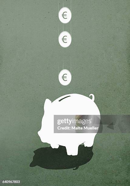 bildbanksillustrationer, clip art samt tecknat material och ikoner med coins falling in piggy bank against green background - eu valuta