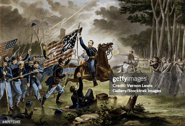 general philip kearnys fatal charge at the battle of chantilly. - general stock illustrations