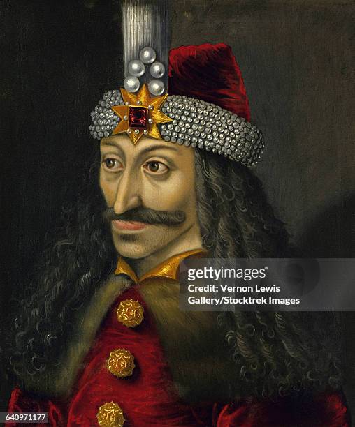 vintage european history painting of vlad the impaler, prince of wallachia. - headdress stock-grafiken, -clipart, -cartoons und -symbole