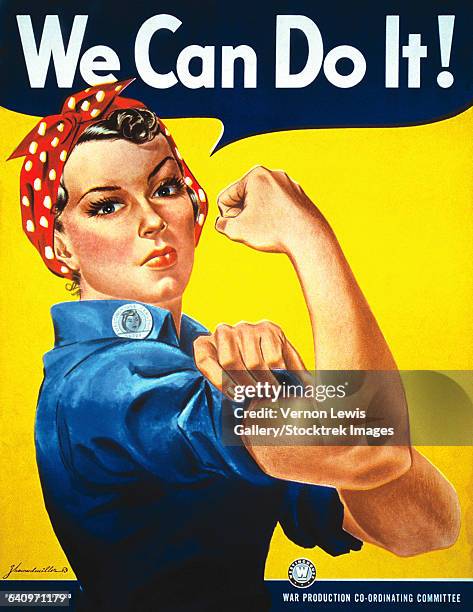 rosie the riveter vintage war poster from world war two. - headscarf stock illustrations