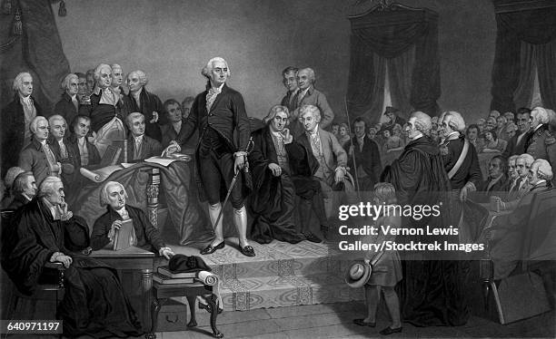 stockillustraties, clipart, cartoons en iconen met president george washington delivering his inaugural address. - founding fathers