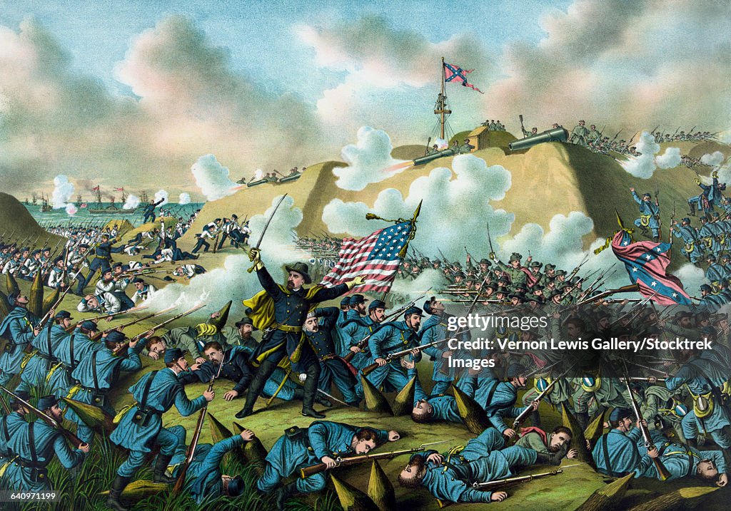 Civil War print depicting the Union Armys capture of Fort Fisher.