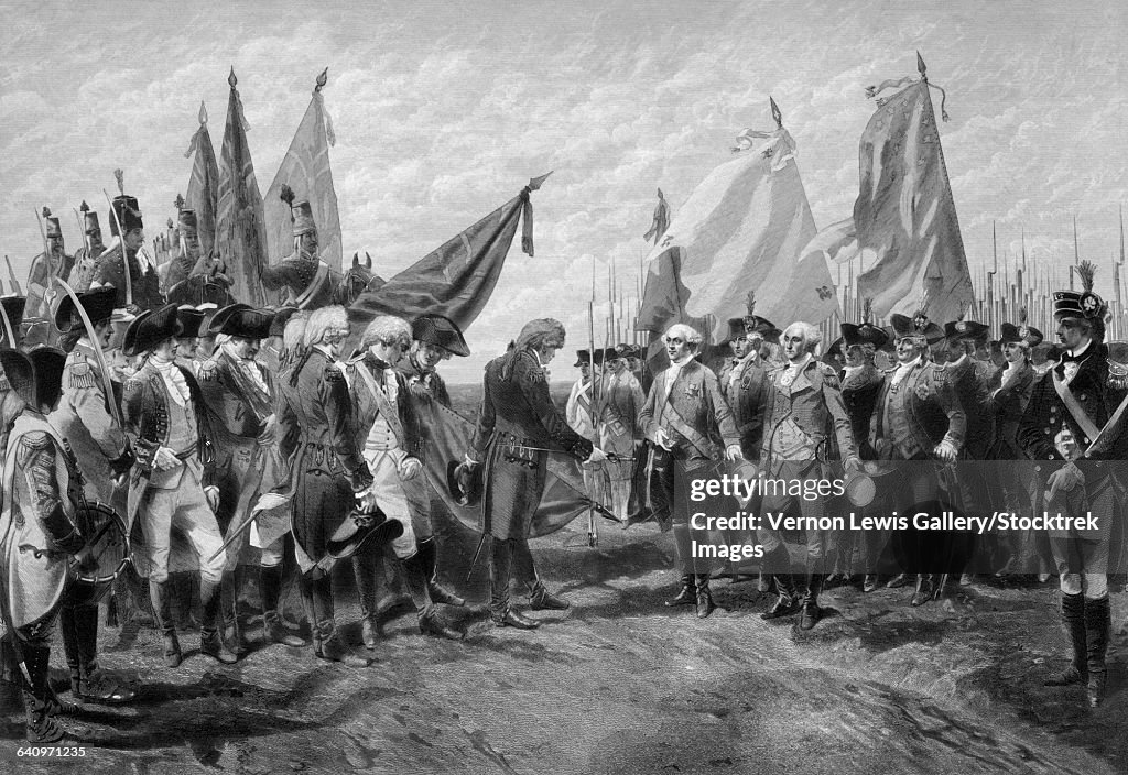 Revolutionary War print showing the surrender of British troops.
