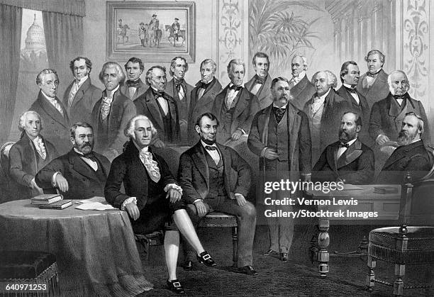 vintage print of the first twenty-one presidents seated together in the white house. - president andrew jackson stock illustrations