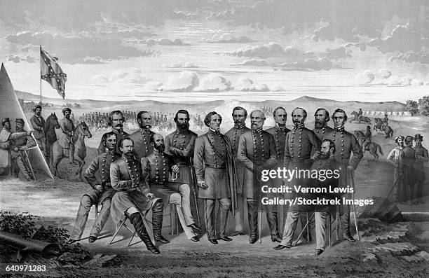 civil war print featuring sixteen of the confederate armys top generals. - james ewell brown stuart stock illustrations