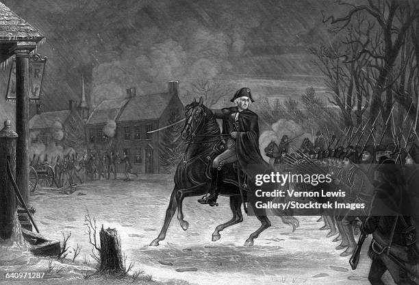 ilustrações, clipart, desenhos animados e ícones de vintage american history print of general george washington at the battle of trenton. - monta de toro