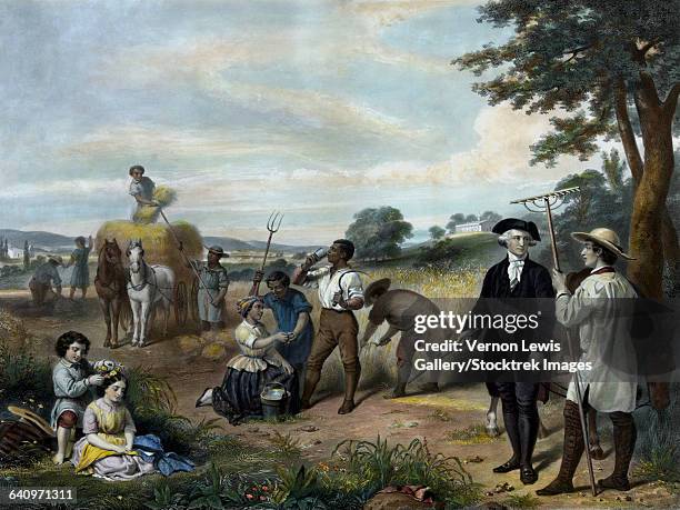 vintage american history print of george washington on his farm. - george washington stock-grafiken, -clipart, -cartoons und -symbole