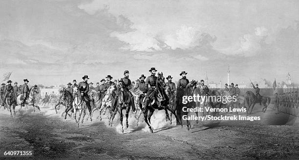 civil war print of general sherman and his generals on horseback. - general sherman stock illustrations