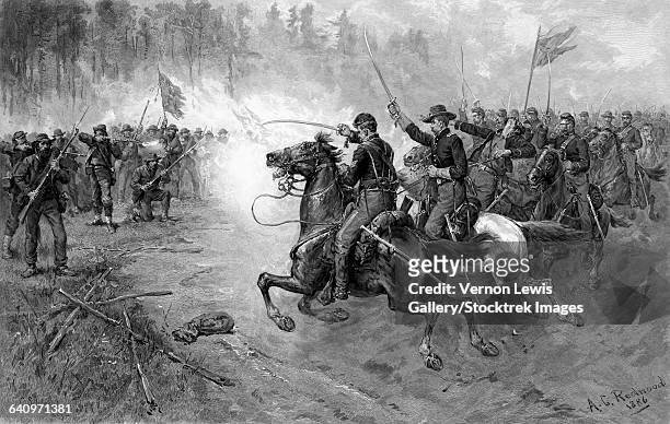 civil war print of union cavalry soldiers charging a confederate firing line. - horseguards stock illustrations