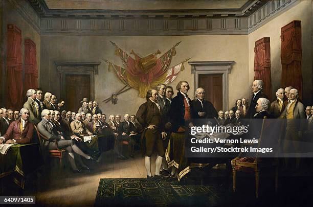 ilustrações, clipart, desenhos animados e ícones de painting of leaders presenting the declaration of independence. - founding fathers