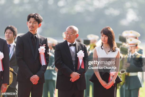 Eita Nagayama, Shofukutei Tsurube II, Kasumi Arimura at the presentation ceremony of Tokyo Yushun Japanese Derby at Tokyo Racecourse on May 29, 2016...