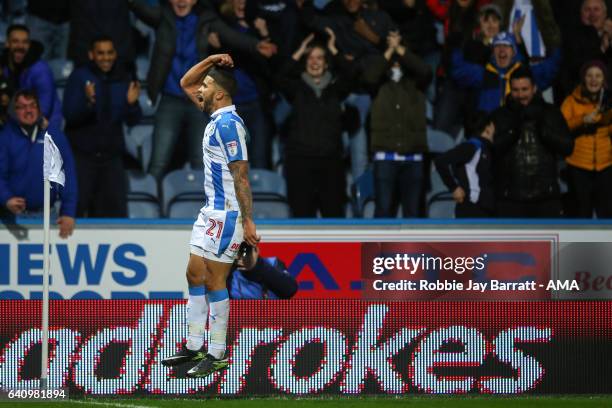 Nahki Wells of Huddersfield Town celebrates after scoring a goal to make it 2-1 during the Sky Bet Championship match between Huddersfield Town and...