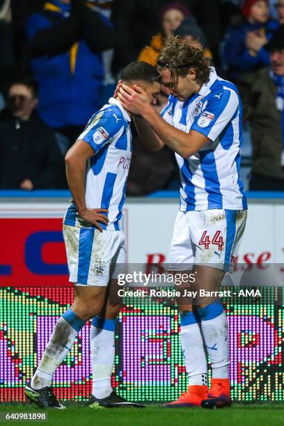 Nahki Wells of Huddersfield Town celebrates with Michael Hefele of Huddersfield Town after scoring a goal to make it 2-1 during the Sky Bet...