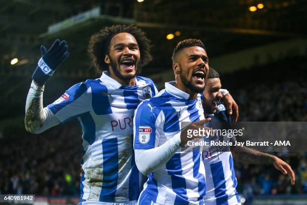 Elias Kachunga of Huddersfield Town celebrates after scoring a goal to make it 3-1 during the Sky Bet Championship match between Huddersfield Town...