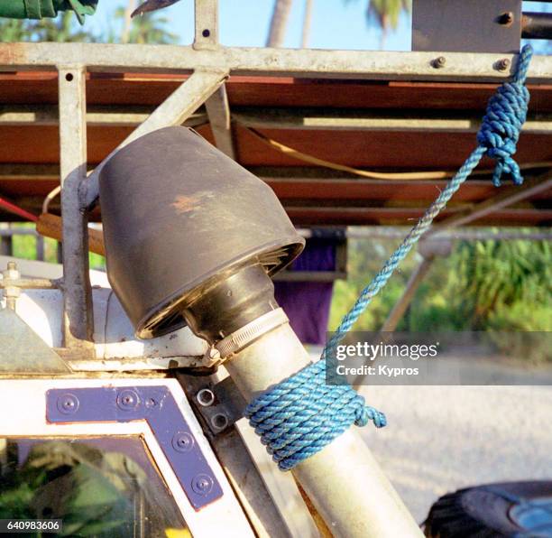 africa, tanzania, view of raised air intake (snorkel) tied to roof rack with nylon rope - air intake shaft stock pictures, royalty-free photos & images