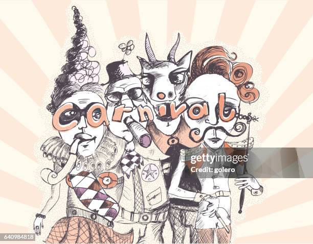 ilustrações, clipart, desenhos animados e ícones de rabiscou ilustração das pessoas de carnival louco - harlequin