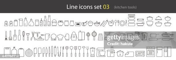 ilustraciones, imágenes clip art, dibujos animados e iconos de stock de herramientas de la cocina simple línea conjunto de iconos, vector ilustración - kitchen utensils