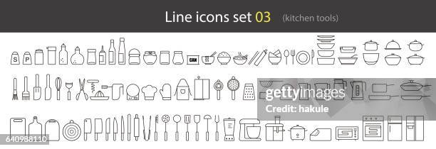 simple kitchen tools line icon set, vector illustration - kitchenware department stock illustrations