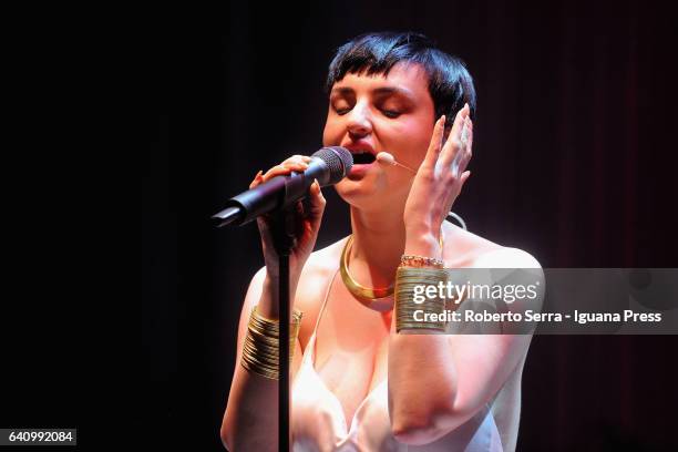 Italian popsinger Arisa perform his concert at Duse Theater on February 3, 2017 in Bologna, Italy.