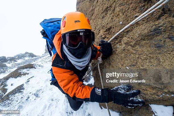 mountain climbers using climbing ropes to scale a cliff overlooking the ross ice shelf. - ross ice shelf stock pictures, royalty-free photos & images