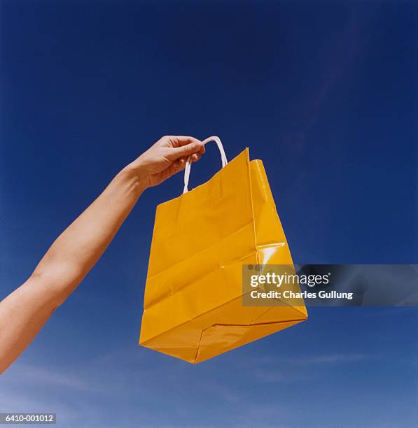 woman holding shopping bag - shopping bags stockfoto's en -beelden