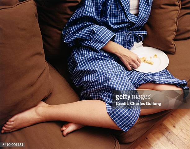 woman wearing dressing gown - laziness stock pictures, royalty-free photos & images