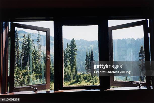 window, trees and mountain - open window frame stock pictures, royalty-free photos & images