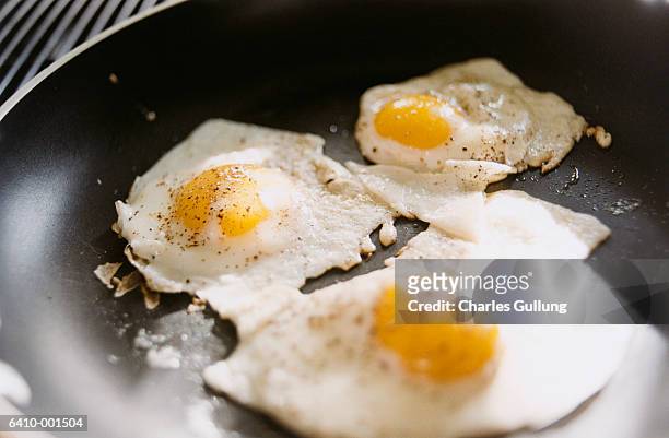 fried eggs in frying pan - breakfast eggs stockfoto's en -beelden