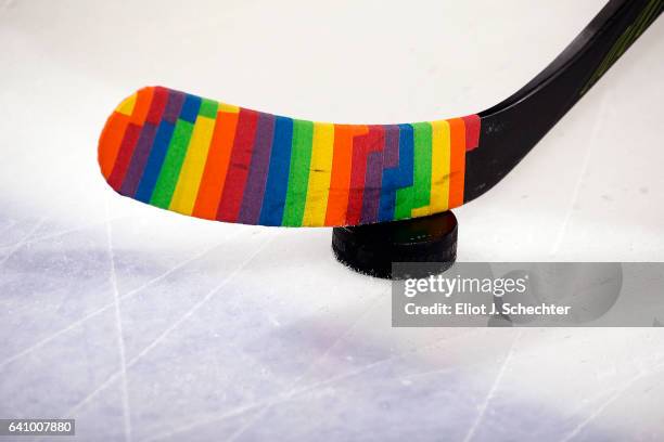 Florida Panther hockey stick wrapped in Pride tape prior to the start of the game against the Anaheim Ducks at the BB&T Center on February 3, 2017 in...