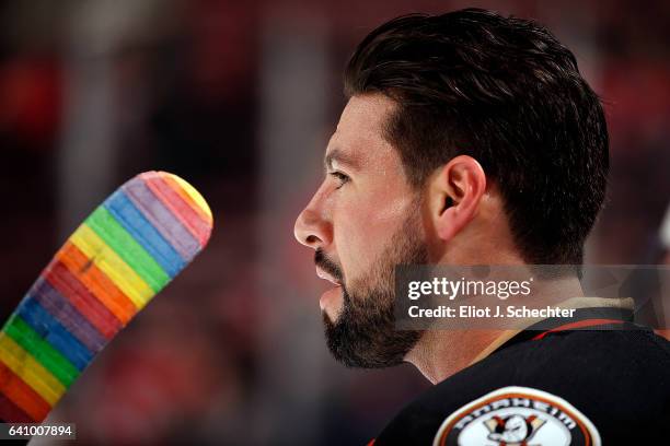 Nate Thompson of the Anaheim Ducks has his gear wrapped with pride tape prior to their game against the Florida Panthers at the BB&T Center on...