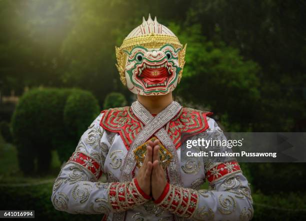 [khon thai] thailand culture dancing art in masked khon hanuman - hanuman stock illustrations