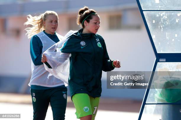 Marie Dølvik and Vanessa Bernauer of Wolfsburg during the Women's Friendly Match between VfL Wolfsburg Women's and Arsenal FC Women on February 4,...