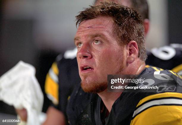 Offensive lineman Alan Faneca of the Pittsburgh Steelers looks on from the sideline during a preseason game against the New York Jets at Heinz Field...