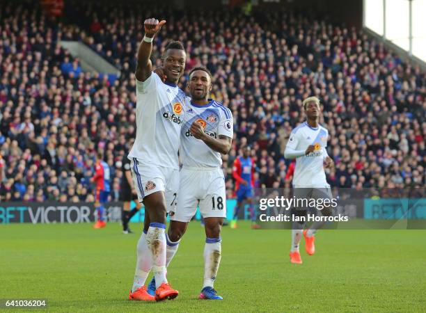 Jermain Defoe of Sunderland celebrates the first goal with scorer Lamine Kone during the Premier League match between Crystal Palace and Sunderland...
